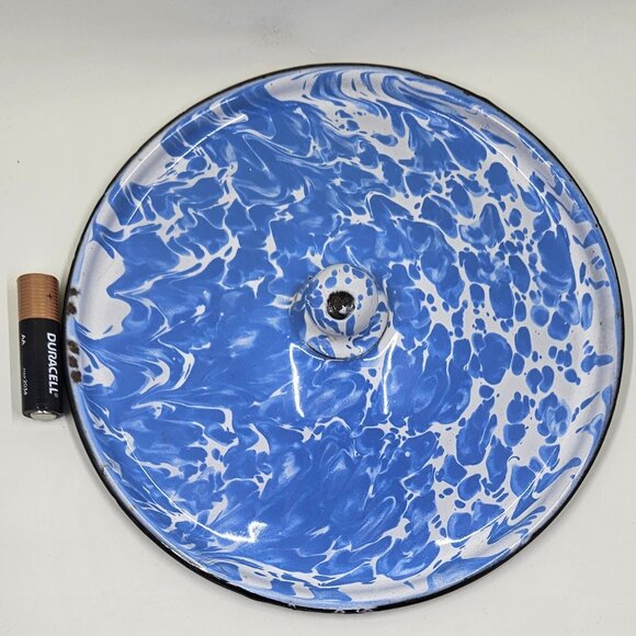 Blue & White Swirl Enamelware Agateware Graniteware Lid with Round Knob - Picture 12 of 13